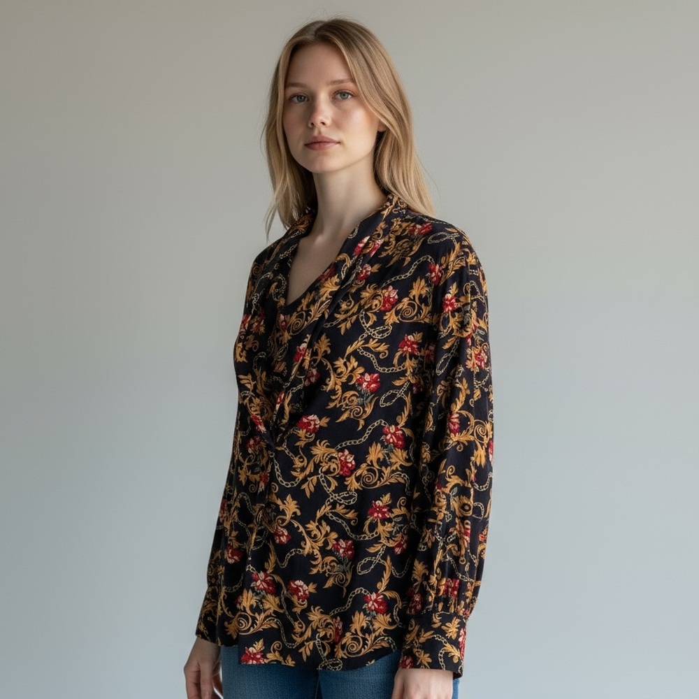 Vintage Silk Blouse Black Gold Key Baroque Chain Floral Print Top Saks 12